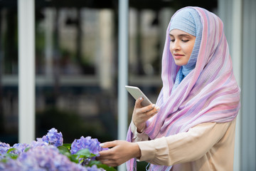 Young Arabian female in hijab photographing nice blue hydrangea