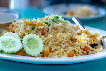 Close up of fried rice with crab with vegetable (Selective focus)