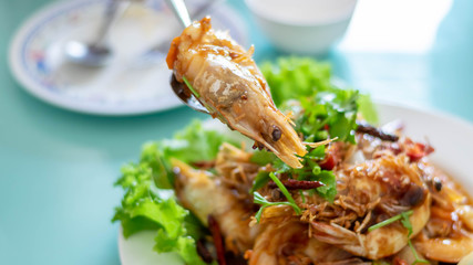 Close up of Deep Fried Shrimp with Tamarind Sauce (Selective focus)