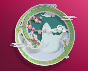 Vector hand painted on cutting paper about Chinese festival and dragon circle background food. Used in design.