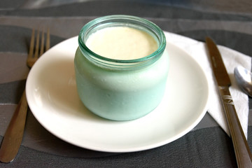 Breakfast with Matsun or Matsoni. Sour-milk drink of Armenian origin from fermented milk. Traditional element of Armenian and Georgian national cuisines