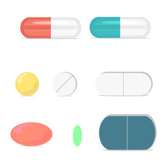Pills medicine capsule set. Pharmacy drugs, vitamin medicine design