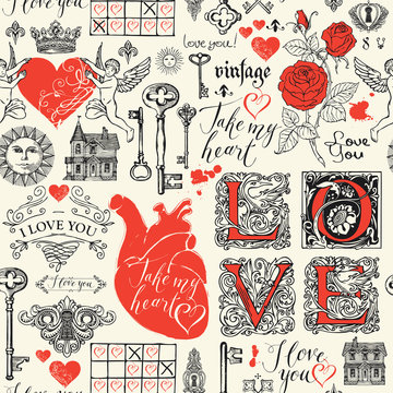 Fototapeta Abstract background with hearts, roses, keys, keyholes, cupids and handwritten inscriptions on light backdrop. Vector seamless pattern on the theme of love and Valentine day in retro style
