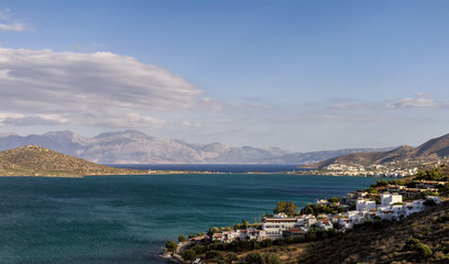 Fototapeta na wymiar Scenic view to Mirabello bay and Elounda town in Crete island, Greece