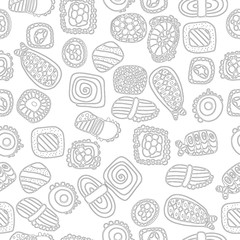 Vector seamless pattern with rolls and sushi in hand drawn style. Japanese food