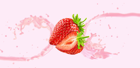 Fresh fruit yogurt, cream or milk 3D splash waves with ripe strawberries. Healthy breakfast meal label design, advertising element with yogurt, cream, milk and strawberry berries. Tasty fruits dessert
