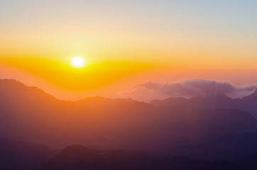 View from the mountain of Moses, a beautiful sunrise in the mountains of Egypt