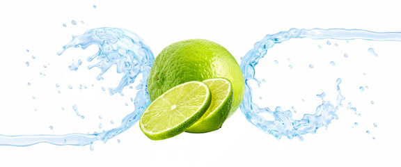 Fresh cold pure flavored water with lime wave splash isolated on white. Lime fruit infused water or lemonade 3D wave swirl design element. Healthy flavored detox drink splash concept with lime fruit
