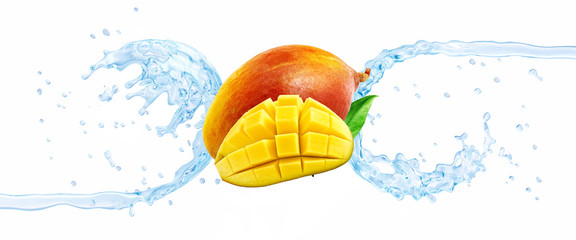 Fresh cold pure mango flavored water wave splash isolated on white. Clean infused water, liquid fluid wave splash with mango, mango slices with 3D design elements. Healthy flavored detox drink splash