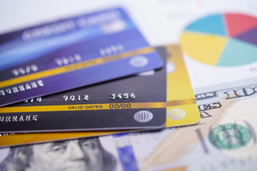 Obraz premium Credit card with US dollar banknotes. Finance development, Banking Account, Statistics, Investment Analytic research data economy, Stock exchange trading, Business company concept. 