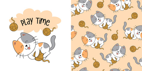 Hand drawn cute cat seamless pattern