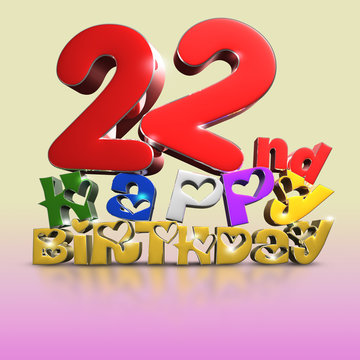 22 nd Happy Birthday 3d on a creamy pink tone background.(with Clipping Path).