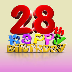 28th happy birthday 3d on a creamy pink tone background.(with Clipping Path).