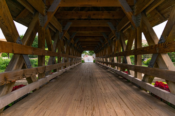 Inside a Naperville Riverwalk Covered Bridge over the DuPage River