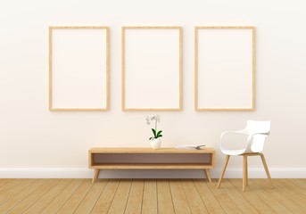 Fototapeta premium Three empty photo frame for mockup in modern living room, 3D render, 3D illustration