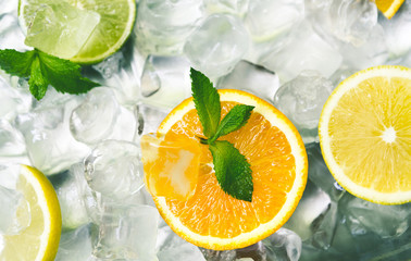 Fresh citrus fruits with mint on ice cubes
