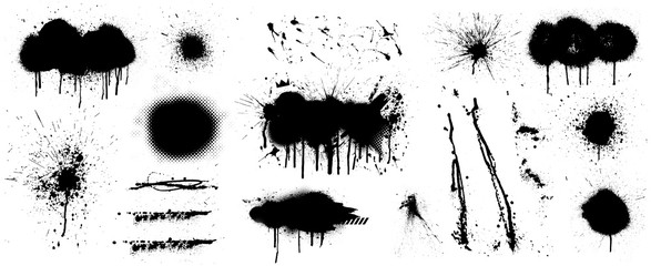 Stencil graffiti spray template. High quality manually traced. Black splashes isolated on white background. Color dirty liquid. Vector set Graffiti Spray © SergeyBitos