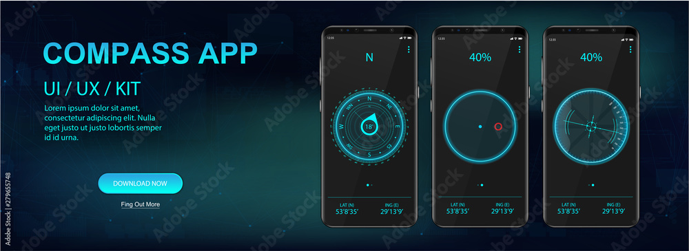 Poster Compass Mobile Application, UI, UX, KIT. Three screenshots of applications on smartphones. Navigation mobile App. Compass GUI. Futuristic style. Vector set