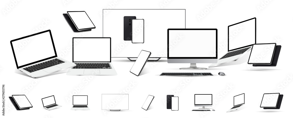 Poster gadgets mockups set of 3d realistic style. (tablet, tv, laptop,mobile cellphone, pc monitor) mockup 