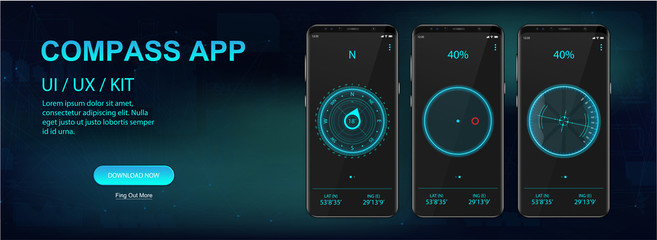 Compass Mobile Application, UI, UX, KIT. Three screenshots of applications on smartphones. Navigation mobile App. Compass GUI. Futuristic style. Vector set © SergeyBitos