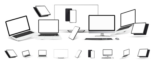 Gadgets Mockups set of 3D realistic style. (tablet, tv, laptop,mobile cellphone, pc monitor) Mockup gadgets isolated on white background. Template for presentation. Vector technique