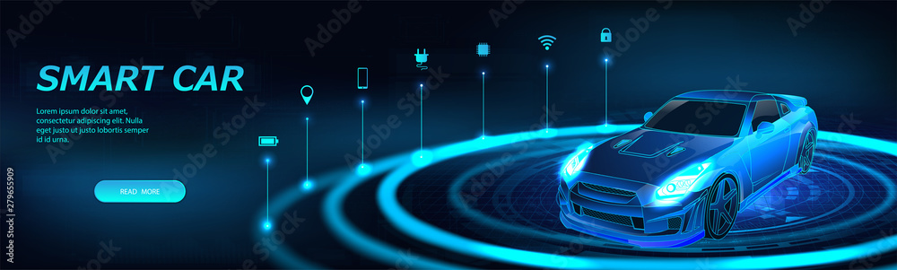 Poster isometric smart car banner. autonomous car with icons. electric machine infographic banner. futurist