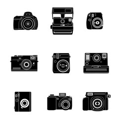  Set of nine flat icons of different cameras in black. Isolated on a white background.