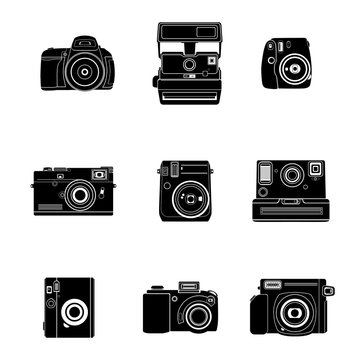 Set of nine flat icons of different cameras in black. Isolated on a white background.