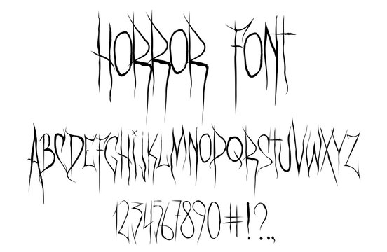 Horror Font, Alphabet, numbers and punctuation marks. Horror font for t-shirt and merch. Trendy alphabet. Silk screen printing for typography, clothing, fabric. Modern stylish font. Vector set