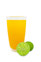 lemon juice in glass and fresh lemons. Isolated on white background