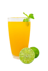 Lemon juice with mint in a glass and fresh lemon Isolated on white background