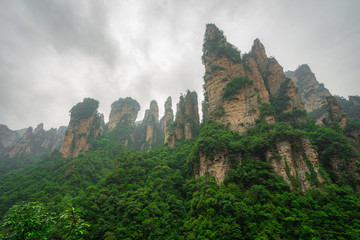 Fototapeta na wymiar Zhangejiajie or Wulingyuan national park in Hunan - China. This location is rate as world heritage site in category of natural. Amazing many peaks of limestone mountain. Landmark scenic view photo.
