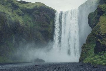 Beautiful scenery of the majestic Skogafoss waterfall, Iceland