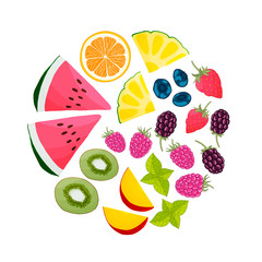 Set of fruit elements. Cartoon han drawn vector illustration.