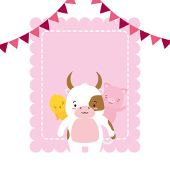 cute bull chick and pig animals greeting card