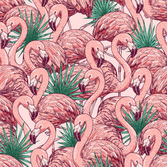 Pink flamingo tropical seamless pattern. Beautiful background. Vector illustration