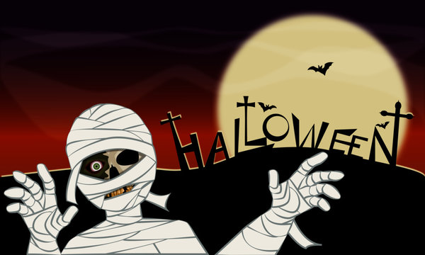Mummia di Halloween. Sfondo notturno con luna piena, pipistrelli e croci.