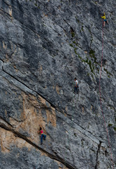 20 July 2019, Cinque Torri (Cortina d'Ampezzo, Italian dolomites): Climbers on the dolomitic walls of the Cinque Torri