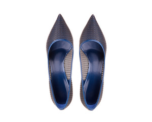 Women's shoes with heels top view. A pair of female slippers isolate on a white background.