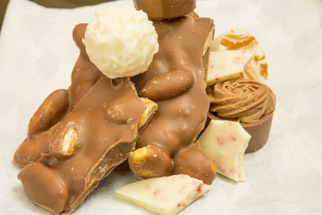 Assorted Chocolate bonbon pieces closeup