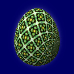 Happy Easter - Frohe Ostern, Artfully designed and colorful easter egg, 3D illustration on blue background
