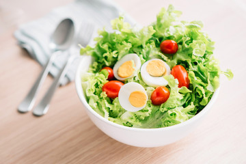 salad bowl with lettuce, red cherry tomatos and eggs