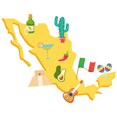 mexico map with set cultural icons