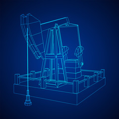 Oil well rig jack. Finance economy polygonal petrol production. Petroleum fuel industry pumpjack derricks pumping drilling. Wireframe low poly mesh vector illustration