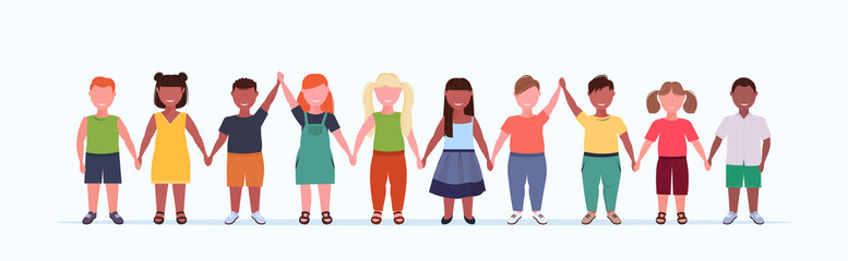 overweight smiling children group holding raised hands little boys girls standing together obese mix race male female kids full length flat white background horizontal banner