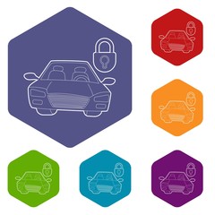 Car and padlock icons vector colorful hexahedron set collection isolated on white