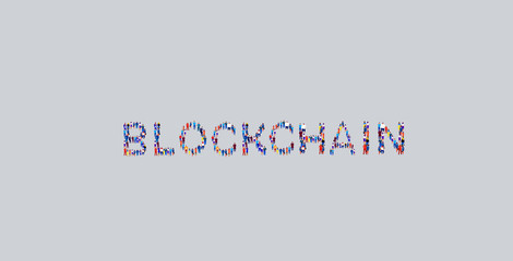 businesspeople crowd gathering in shape of blockchain word different business people employees group standing together social media community concept flat horizontal