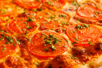 Close up Pizza Margarita. Delicious hot food sliced and served on white platter. Menu photo, Italian fast food.