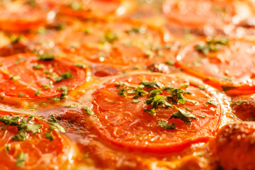 Close up Pizza Margarita. Delicious hot food sliced and served on white platter. Menu photo, Italian fast food.