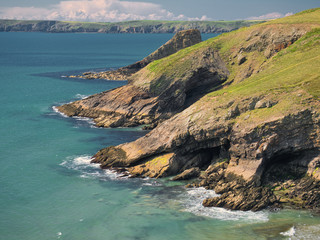 Coastal cliffs in Pembrokeshire, South Wales, UK, as viewed from the Coast Path